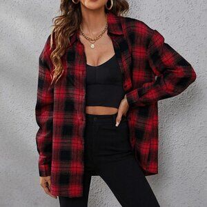 Red Casual Womens Plaid Print Drop Shoulder Shirt